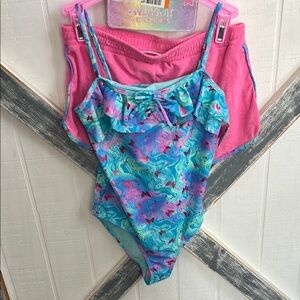 Bmagical by Btween Girls Swim One Piece - Blue and Pink with matching shorts